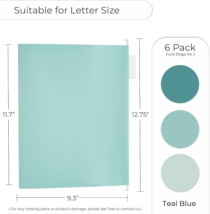 Y YOMA Letter Size - 6 Pack Extra Capacity Hanging File Folders Accordion Decorative Reinforced File Folder Cute Colored Expandable Folder for Office Home with 1/5-Cut Adjustable Tabs, Teal Blue - Image 3