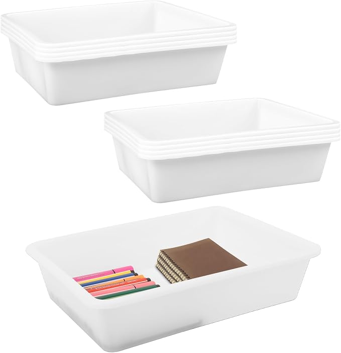 White Plastic Trays for Arts and Crafts,12 Pack Flat Storage Organizer Bin, Letter Size Paper Tray for Classroom, Stackable Montessori & DIY Project Tray for School Office, 13.7" L x 9.7" W x 3.1" H by Unknown