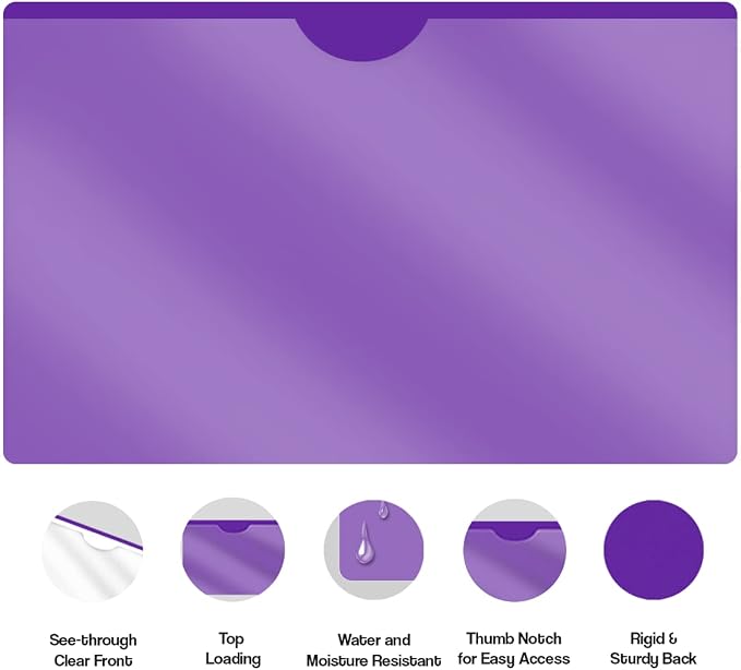 Doctor Stuff- 100 Pack, Vinyl Plastic Pocket File Folders Closed Sides, Legal Size, Clear Front Top Loading Job Jacket, Documents Holder for Office, High School and Medical Files, Purple - Image 4