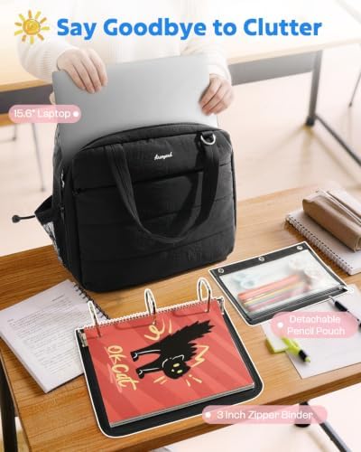 Puffer Zipper Binder 3 Ring with Pencil Pouch, 3" D-ring Binder with Zipper and Shoulder Strap, 600+ Sheets Capacity Zip Up Binder with 15.6" Laptop Pocket, Binder Bag for School College Office, Black - Image 3
