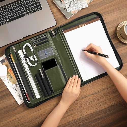 Personalized Leather Portfolio for Men, Business Padfolio with Zipper, Vegan Leather Folio with A4 Writing Pad Holder Organizer for Resume, Interview, Custom Portfolio - Green - Image 3