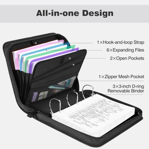 MoKo Zipper Binder, 3-Inch 3-Ring, 600 Sheets, 6-Tab File Folders, Black - Image 2