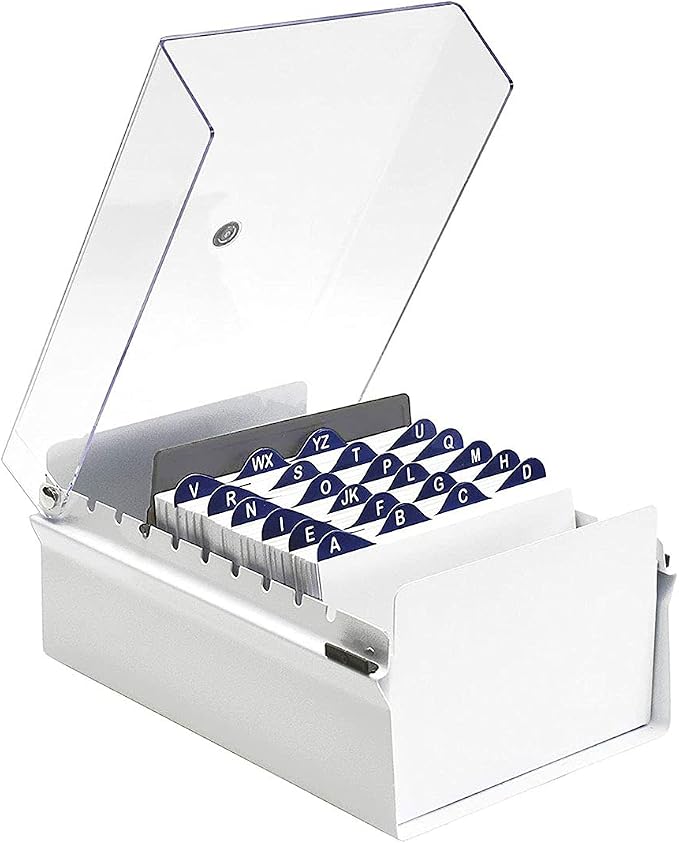 Acrimet 4 x 6 Card File Holder Organizer Box Metal Base Heavy Duty (AZ Index Cards and Divider Included) (White Color with Clear Crystal Plastic Lid Cover) by Organizingyourlife