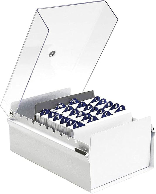Acrimet 4 x 6 Card File Holder Organizer Box Metal Base Heavy Duty (AZ Index Cards and Divider Included) (White Color with Clear Crystal Plastic Lid Cover) by Organizingyourlife