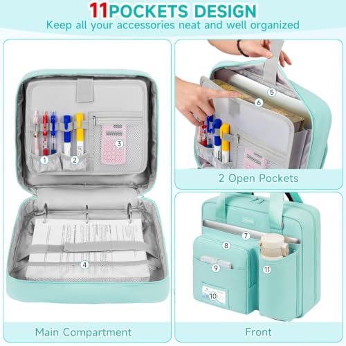 3 Ring Zipper Binder Bag, 3 Inch D-Ring 700 Sheet Capacity, Portable File Organizer with Removable Shoulder Strap & Multiple Pockets for School Office Travel Summer Study Back to School,Mint Green - Image 4