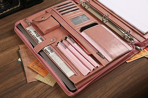 Pink Leather Padfolio for Women, Business Leather Binder 3 Ring Portfolio, Personalzied Leather Portfolio Binder, Zippered Portfolio Organizer for A4 Letter Size Notepad & 13-inch Laptop/Tablet - Image 6