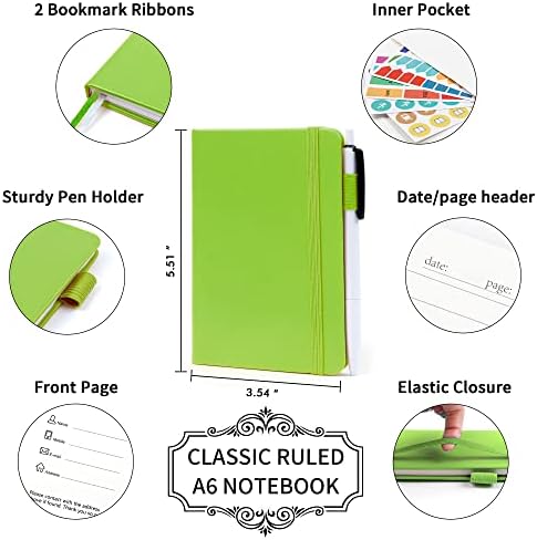 feela 15 Pack Pocket Small Notebooks Bulk, Mini Cute Memo Notepads Hardcover College Ruled Lined Journals with Pen Holder for Women Girls Office School, with 15 Black Pens, 3.5”x 5.5”, A6, Green - Image 2