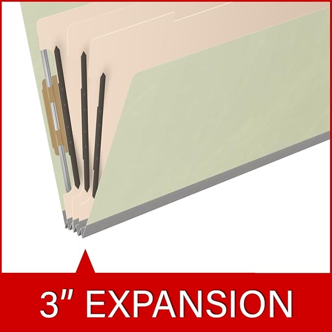 Ecom Folders End Tab Pressboard Classification Folders | Legal Size 25 Pt Type III Stock with 3 Dividers & 3" Tyvek Expansion | 2 Fasteners Pos 1 & 3 for Medical & Office Docs | Light Green, Box of 10 - Image 7