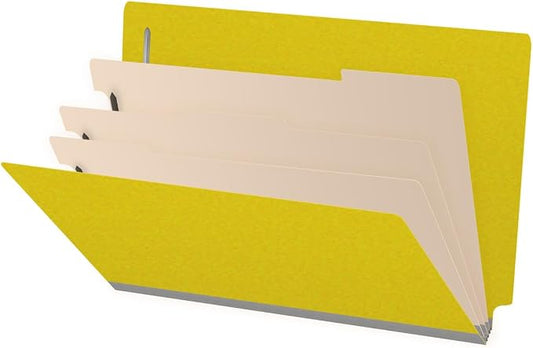 Ecom Folders End Tab Pressboard Classification Folders | Legal Size 25 Pt Type III Stock with 3 Dividers & 3" Tyvek Expansion | 2 Fasteners Pos 1 & 3 for Medical & Office Docs | Yellow, Box of 10 by Ecom+Folders