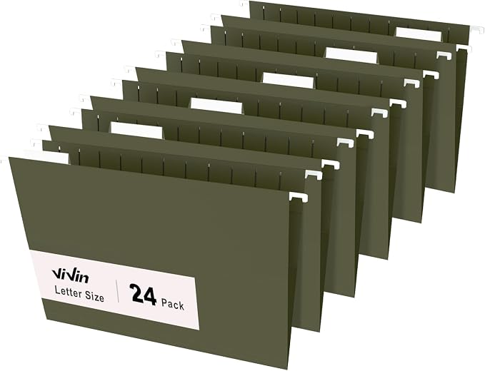 ViVin Hanging File Folders, 1/5-Cut Adjustable Tabs with 24 Per Box, 24 Pack Letter Size Hanging File Folders, Designed for Office Home School Filing Cabinet(Green) by ViVin
