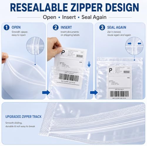 Glenmal 250 Pcs 9.5" x 12" Resealable Packing List Envelopes Clear Self-adhesive Shipping Label Sleeves with Zipper Waterproof Packing List Envelopes for Documents Mailing Labels Invoices Pack Slip - Image 3