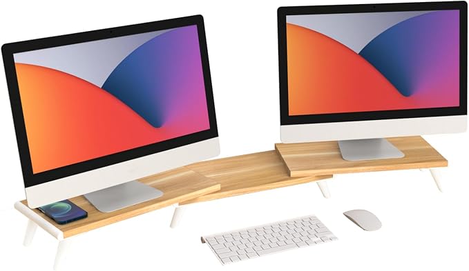 loukin Dual Monitor Stand Riser for Desk, 43.6" × 8.2" Computer Stand, Wood | Supports 22 lb, No Installation Required, Water-Resistant Surface, Fits Laptops and Printers, Ergonomic Design by LOUKIN