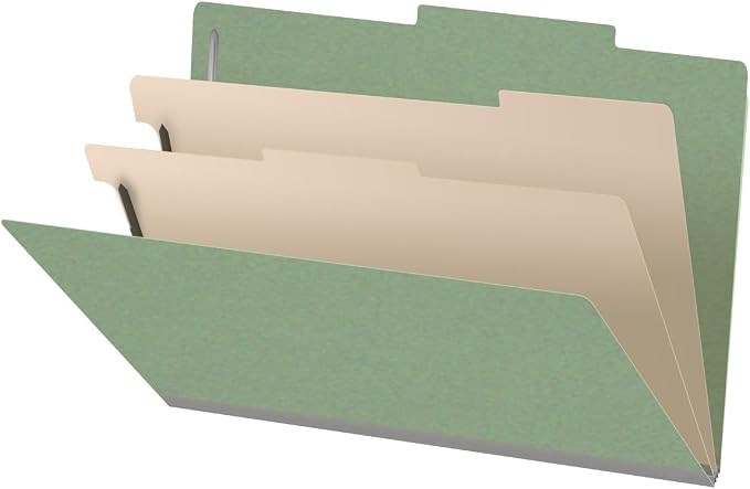 25 Pt. Pressboard Classification Folders, 2/5 Cut ROC Top Tab, Legal Size, 2 Dividers, Green (Box of 10) by Ecom+Folders