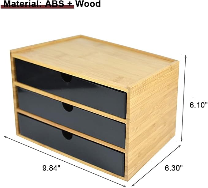 WAYUTO 3-Tier Bamboo Desktop Organizer Simple Wooden Tabletop Storage Organization Box Multi-Scene Drawer Units for Home Bathroom Office Black 3-Drawer - Image 3