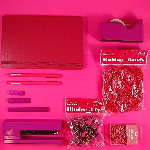 JAM PAPER Complete Desk Kit - Pink - Stapler, Tape Dispenser, Staples, Journal, Le Pens, Rubber Bands, Paper Clips & Binder Clips - 8/Pack - Image 3