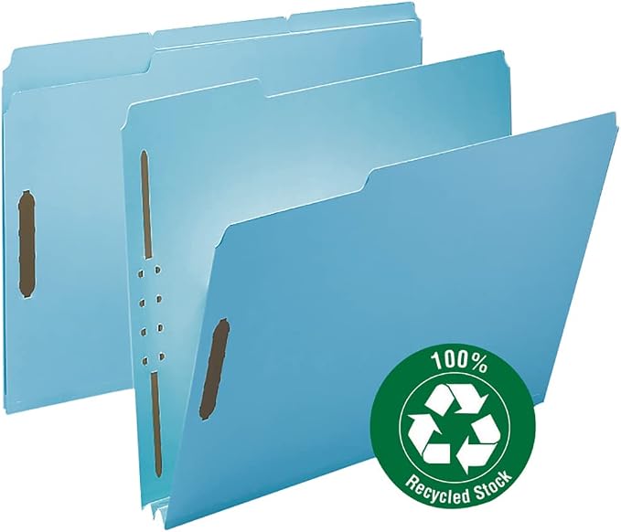 Smead 100% Recycled Pressboard Fastener File Folder, 2 Fasteners, 1/3-Cut Tab, 2" Expansion, Letter Size, Blue, 25 per Box (15001) - Image 2