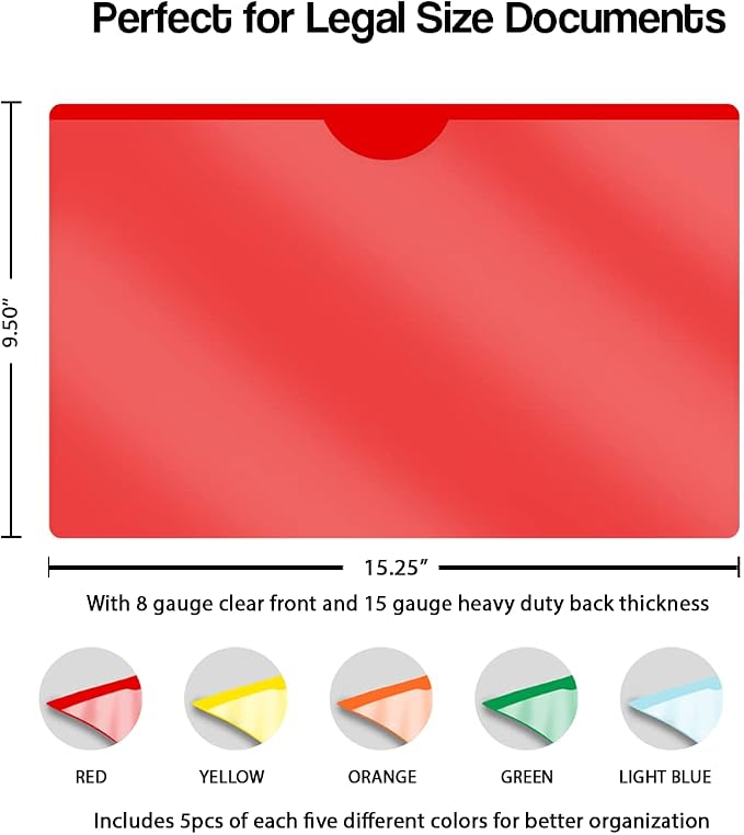 Doctor Stuff- 25 Pack, Vinyl Plastic Pocket File Folders Closed Sides, Legal Size, Clear Front Top Loading Job Jacket, Documents Holder for Office, High School and Medical Files, 5 Assorted Colors - Image 2