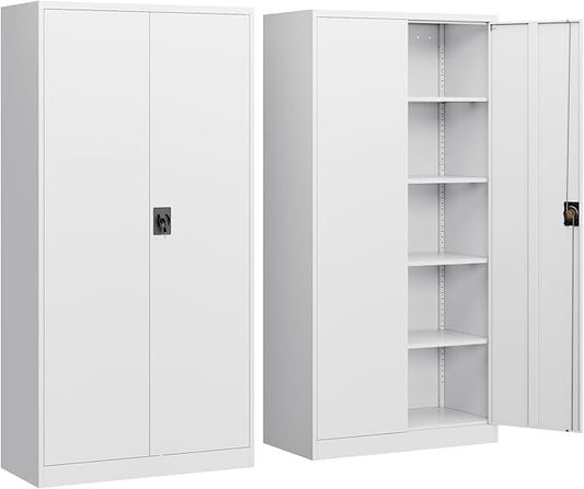 Yizosh Metal Garage Storage Cabinet with Lock, 72" Locking Tool Cabinet with 2 Doors and 4 Shelves, Tall Steel Cabinet for Garage, Heavy Duty File Cabinet for Office, School (White)