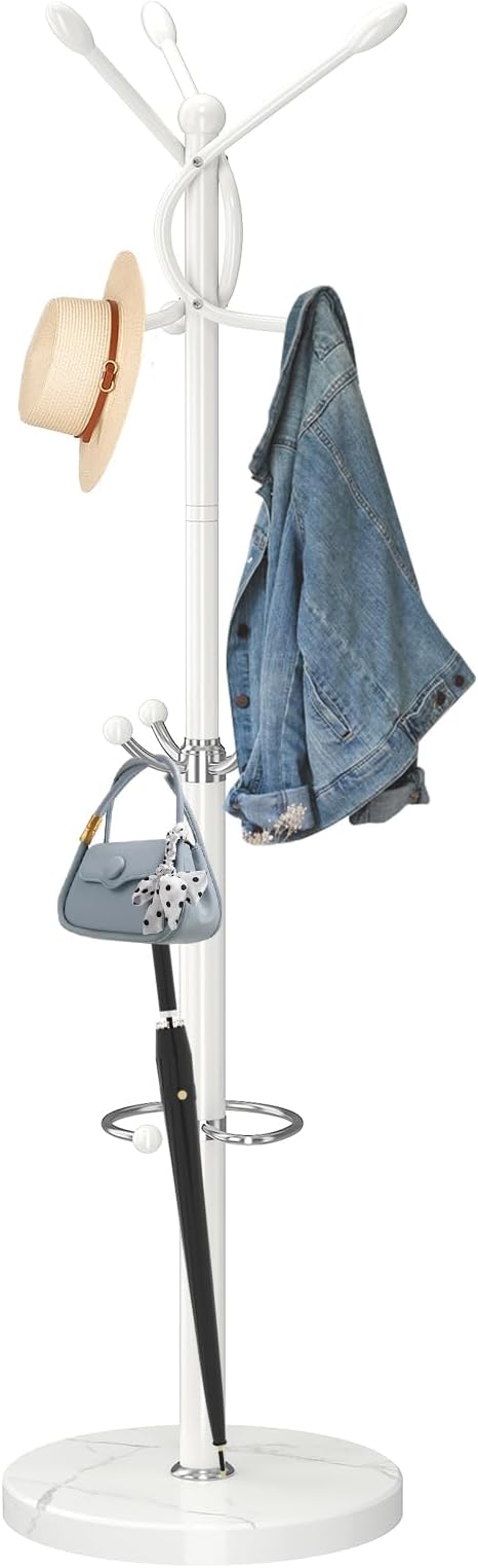 ZOZOE Metal Coat Rack Stand, Modern Coat Rack Freestanding with Natural Marble Base, Sturdy Coat Racks with 10 Hooks & Umbrella Holder,White Coat Tree Hanger Stand for Bags,Hats,Entryway,Office
