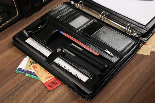 Black Leather Padfolio for Women/Men, Business Leather Binder 3 Ring Portfolio, Personalized Leather Portfolio Binder, Zippered Portfolio Organizer for A4 Notepad & 13-inch Laptop/Tablet - Image 5