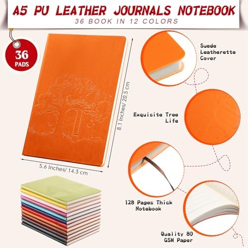 TaoBary A5 PU Leather Journals Bulk Colorful Tree Journal Notebook Soft Leather Cover Lined Ruled Writing Notebook for Back to School Office Group Team Volunteer(Bright Colors,36 Pcs) - Image 2