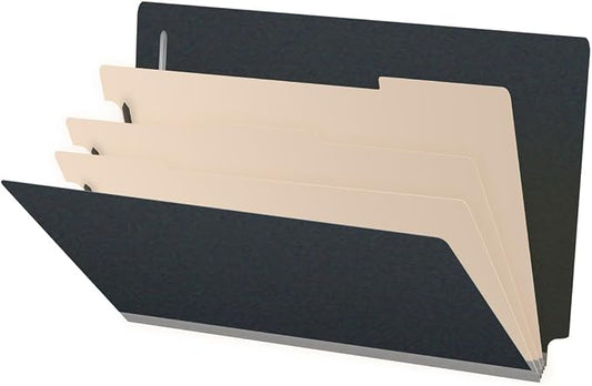 Ecom Folders End Tab Pressboard Classification Folders | Legal Size 25 Pt Type III Stock with 3 Dividers & 3" Tyvek Expansion | 2 Fasteners Pos 1 & 3 for Medical & Office Docs | Black, Box of 10 by Ecom+Folders