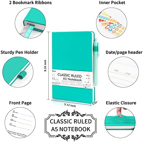 feela 12 Pack Notebooks Journals Bulk, Hardcover Notebook Classic Ruled Lined Journals with Pen Holder for Women Girls School Business Supplies, with 12 Black Pens, 120 GSM, 5.1”x8.3”, A5, Aqua - Image 2