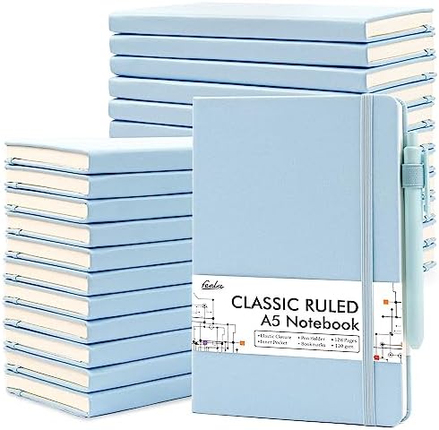 feela 24 Pack Journal Notebook for Work, Business Notebook Bulk Hardcover Lined Writing Journal with Pen Holder for Men Women Note Taking, with 24 Black Pens, 120 GSM, 5.1”x8.3”, A5, Light Blue by feela