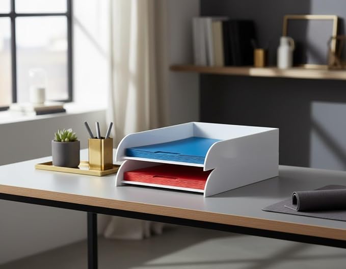 OSCO High Gloss White Plastic Stacking Letter Tray | A4 | Easily Stackable | Desk File Organiser | Paper Storage | Office Document Sorter | Paperwork Filing | No Risers Required | H6 x W24.5 D33 cm - Image 3