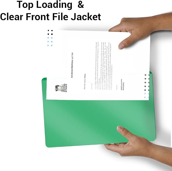 Doctor Stuff- 100 Pack, Vinyl Plastic Pocket File Folders Closed Sides, Legal Size, Clear Front Top Loading Job Jacket, Documents Holder for Office, High School and Medical Files, Green - Image 5