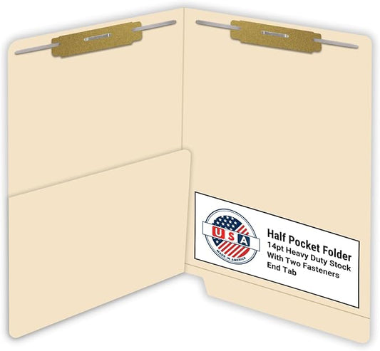 Manila Pocket File Folders, Doctor Stuff, Letter Size Reinforced End Tab Folder with 1/2 Pocket on Inside Left and 2" Bonded Fastener on Inside Top Right and Left, 14 pt Manila Stock, Carton of 250 by DoctorStuff