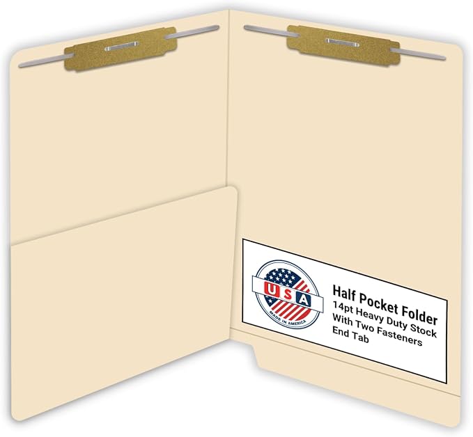 Manila Pocket File Folders, Doctor Stuff, Letter Size Reinforced End Tab Folder with 1/2 Pocket on Inside Left and 2" Bonded Fastener on Inside Top Right and Left, 14 pt Manila Stock, Box of 50 by DoctorStuff