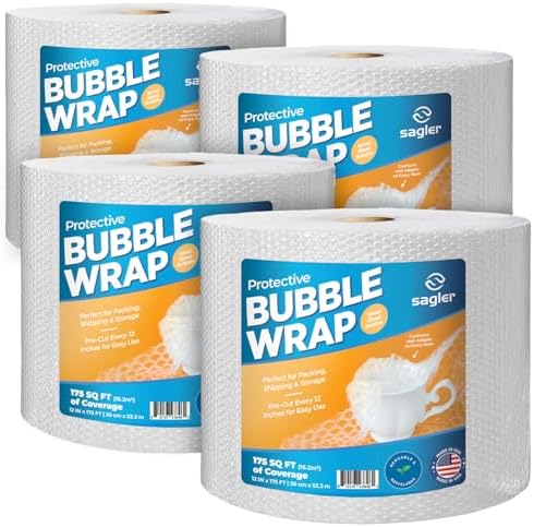 Bubble cusion for Packing & Moving - 12" Width X 600 FT 150 FT Each 4 Rolls Bubble cusion for Moving, Extra Protection for Shipping, Packaging Boxes & Mailers, Perforated Every 12 IN by Sagler