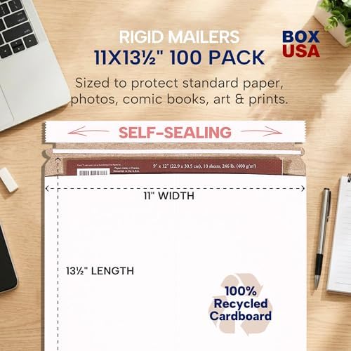 BOX USA Rigid Mailers 11" x 13" (100-Pack) - Cardboard Mailer Envelopes for Photos, Catalogs, Art Prints - Stay Flat - Image 2