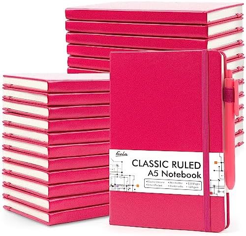 feela 24 Pack Journal Notebook for Work, Business Notebook Bulk Hardcover Lined Writing Journal with Pen Holder for Men Women Note Taking, with 24 Black Pens, 120 GSM, 5.1”x8.3”, A5, Berry by feela