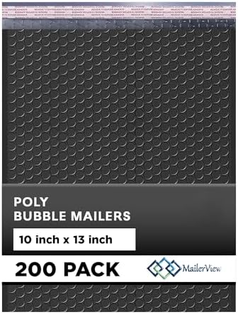 Jet Black Bubble Mailers 10x13, Self Seal Poly Padded Envelopes, 200 Pack by MAILERVIEW