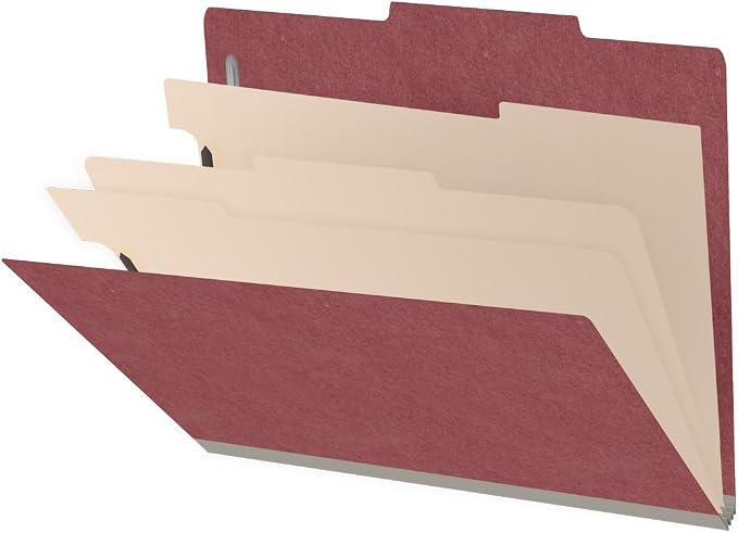 25 Pt. Pressboard Classification Folders, 2/5 Cut ROC Top Tab, Letter Size, 3 Dividers, Dark Red (Box of 10) by Ecom+Folders