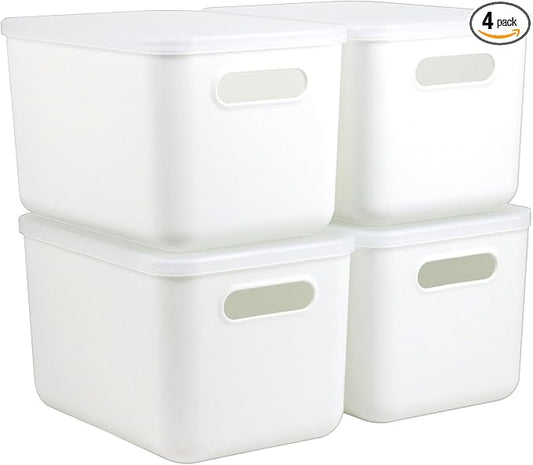 4 Pcs Small Storage Bins with Lids, Stackable Plastic Storage Containers for Organizing, Organizer Bins Shelf Baskets for Pantry Cabinet Shelves Desktop Freezer Drawer Organization (White, 4M) by ZEXALOR