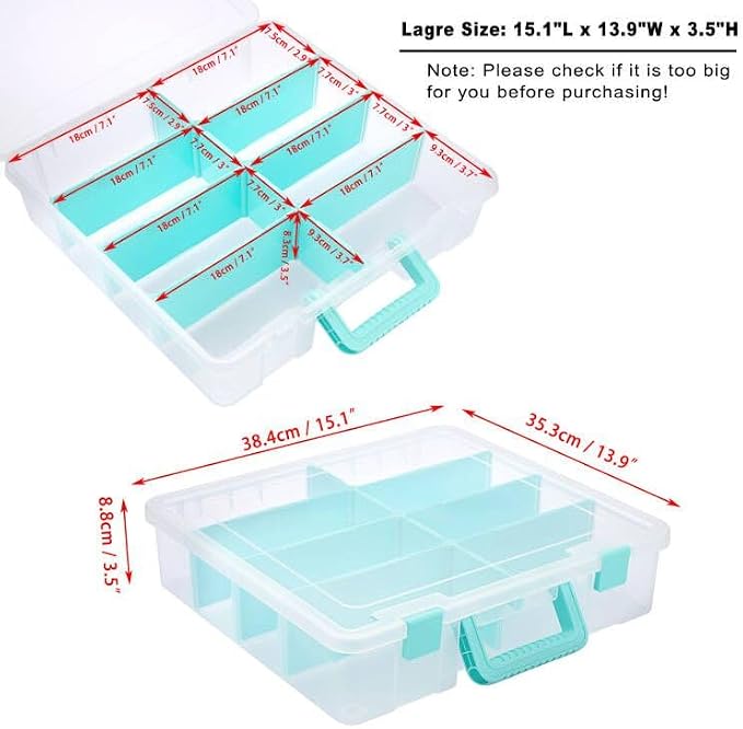 BTSKY Clear Plastic Dividing Storage Box with 8 Compartments Adjustable Storage Bin with Lid Portable Craft Storage Container Multipurpose Sewing Box Art Supply Organizer, 15.1x13.9x3.5 Inches | 15.1x13.9x3.5 Inches Adjustable Storage Bin with Lid Port... - Image 3