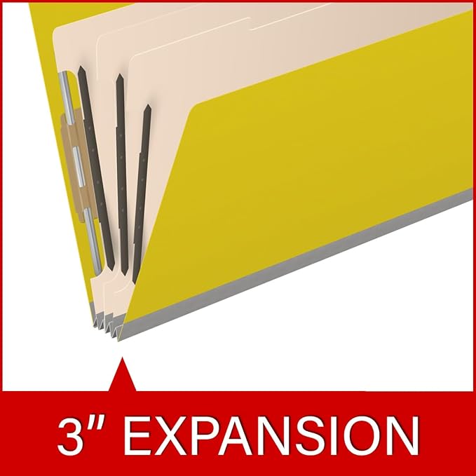 Ecom Folders End Tab Pressboard Classification Folders | Legal Size 25 Pt Type III Stock with 3 Dividers & 3" Tyvek Expansion | 2 Fasteners Pos 1 & 3 for Medical & Office Docs | Yellow, Box of 10 - Image 7