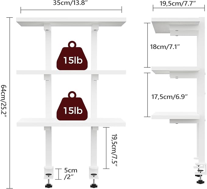 MAHANCRIS Clamp On Desk Organizer, 3-Tier Desktop Bookshelf, Adjustable Desk Storage Shelf, Metal Frame, for Office, Study and Game Room, White DSWT3601 - Image 3