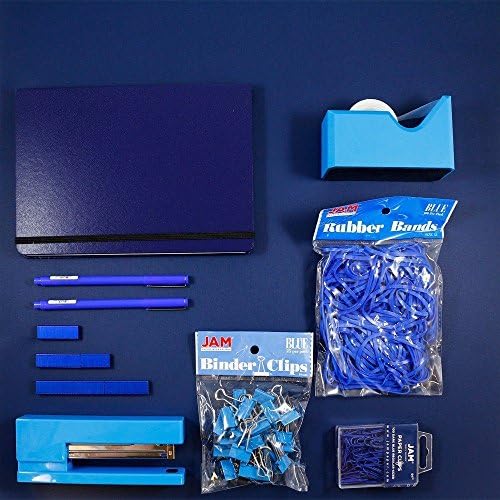 JAM PAPER Complete Desk Kit - Blue - Stapler, Tape Dispenser, Staples, Journal, Le Pens, Rubber Bands, Paper Clips & Binder Clips - 8/Pack - Image 3