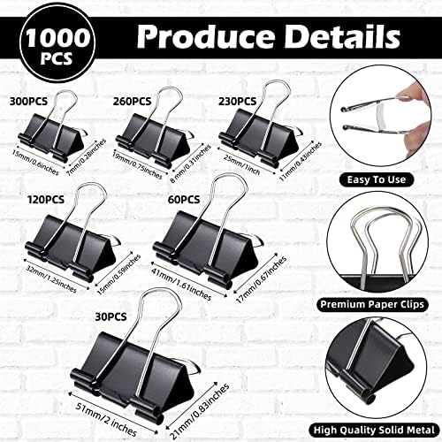 Yexiya 1000 Pcs Binder Clips Bulk Black Metal Clip,Multi Sizes - Image 2