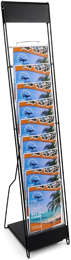 Displays2go Portable Magazine Rack, Black, 54" h Floor-standing | 10 Pockets for 8.5x11 Catalogs, Carry Bag Included, Tiered Design, Steel, NCYBRCHBLK by Displays2go