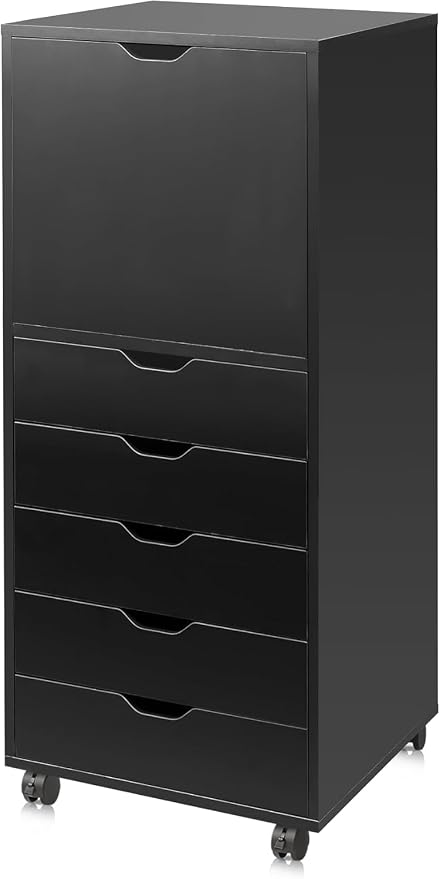 DEVAISE 5 Drawer Cabinet with 1 Door, Mobile Office File Cabinet, Black | Wood Rolling Cart, Filing Drawers, Craft Storage Drawer Cabinet, Printer Stand, Home Office by DEVAISE