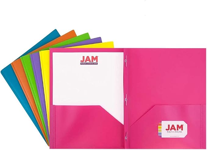 JAM PAPER Plastic Color POP Folders - 2 Pocket Durable Folders with Metal Prongs Fastener Clasps - Assorted Fashion Colors - 6/Pack by JAMPaper