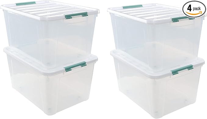 85 Qt Clear Plastic Storage Bins with Lids, 4 Pack Wheeled Boxes | Stackable & Nestable Large Storage Containers with Secure Latching Buckles, for Home, Office & Garage Organization by Parlynies