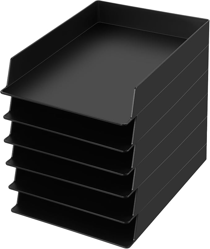 6 Pcs Stackable Paper Trays Rectangular Plastic Desk Holder Desktop Document File Organizer Storage Letter for Office Classroom (Black) by Wenqik