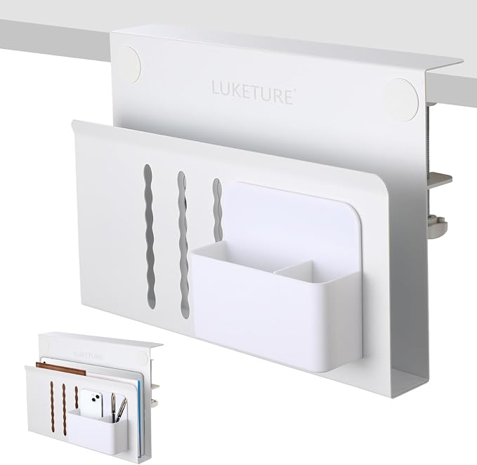 LUKETURE Desk Side Storage, Steel Side Desk Organizer, No Drill Laptop Holder, Clamp on Laptop Mount with Pen Holder, Table Hanging Storage for Home Office, Fits Flat Edge Tables 0.3" to 2.8" | Steel Side Desk Organizer, Clamp on Laptop Mount with Pen ... by LUKETURE