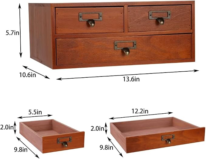 Wooden Drawers Apothecary Cabinet Brown Wood Desktop Organizer Box | Vintage Wooden Storage Box for Apothecary Drawers, Countertop Organizer with Drawer for Library Card Catalog Cabinet - Image 3
